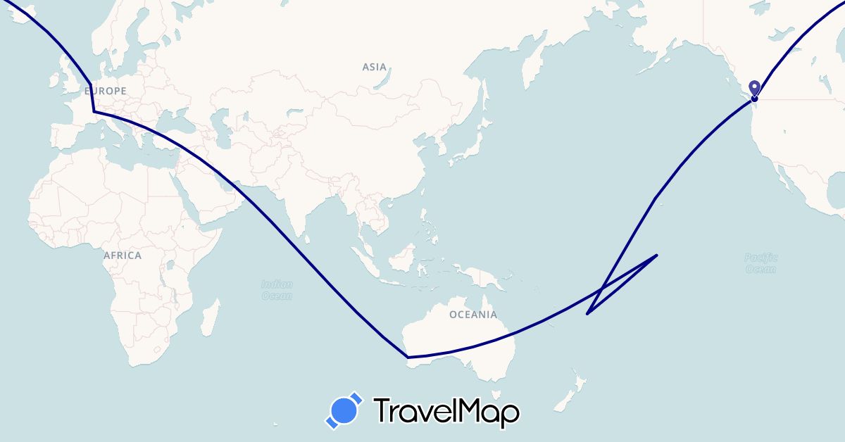TravelMap itinerary: driving in United Arab Emirates, Australia, Canada, Switzerland, Fiji, Kiribati, Netherlands, United States (Asia, Europe, North America, Oceania)